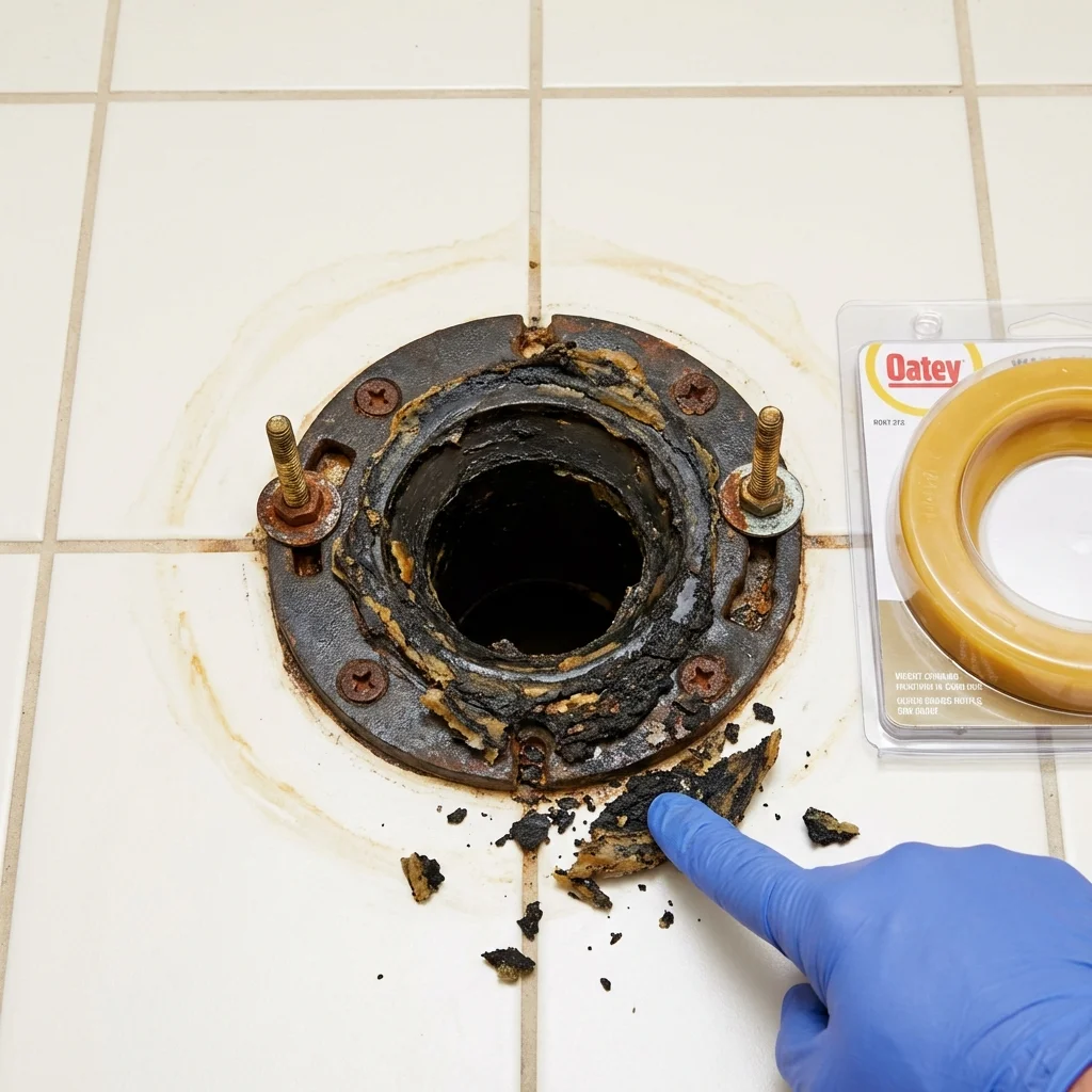 Failed wax ring showing water seepage at the base of a toilet in a Irmo, SC home